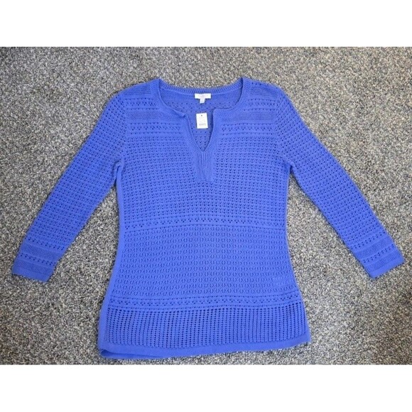 Talbots Women’s Blue 3/4 Length Sleeve Crochet Top/blouse. NWT Size Petite Small - Picture 1 of 7